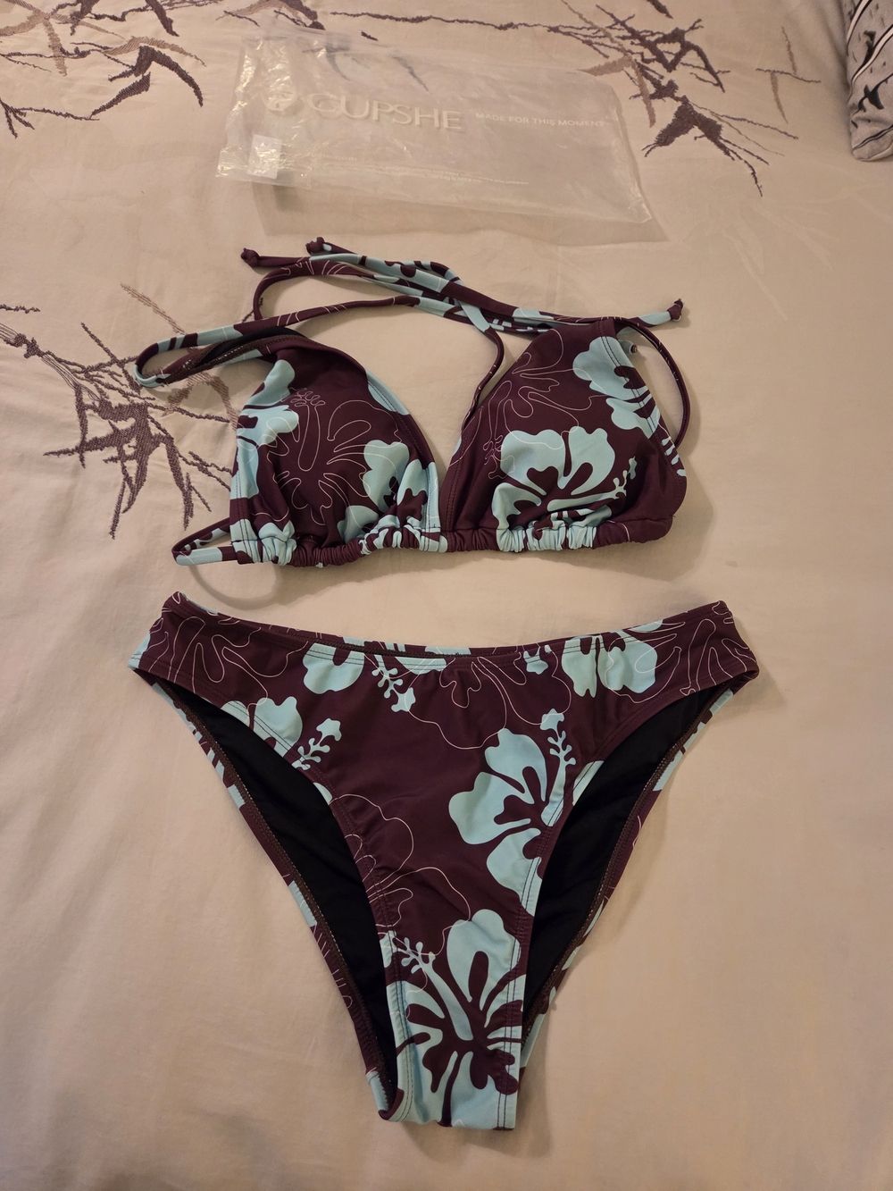 Women's Brown and Turquoise Floral Triangle Bikini Top and Bottom Set